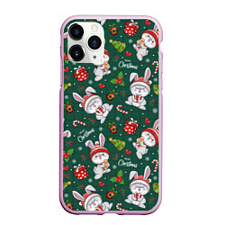 Чехол iPhone 11 Pro матовый Новогодние кролики - паттерн, цвет: 3D-розовый