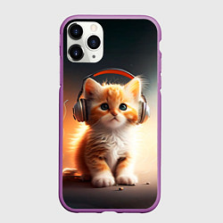 Чехол iPhone 11 Pro матовый Милый рыжий котёнок в наушниках, цвет: 3D-фиолетовый