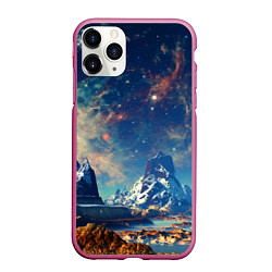 Чехол iPhone 11 Pro матовый Горы и бескрайний космос, цвет: 3D-малиновый