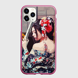 Чехол iPhone 11 Pro матовый Японская девушка с самурайским мечом, цвет: 3D-малиновый