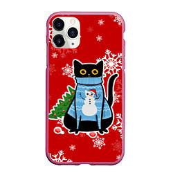Чехол iPhone 11 Pro матовый Котик в свитере с ёлочкой, цвет: 3D-малиновый