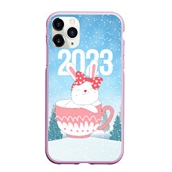 Чехол iPhone 11 Pro матовый Новый год зайчик в кружке, цвет: 3D-розовый