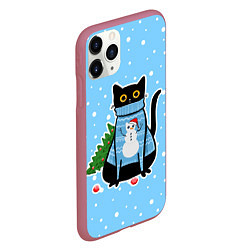 Чехол iPhone 11 Pro матовый Котик в свитере под снегопадом - синий, цвет: 3D-малиновый — фото 2