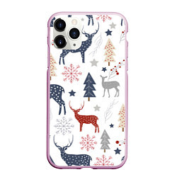 Чехол iPhone 11 Pro матовый Олени в новогоднем лесу, цвет: 3D-розовый