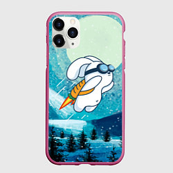 Чехол iPhone 11 Pro матовый Заяц на реактивной морковке, цвет: 3D-малиновый
