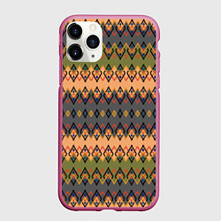Чехол iPhone 11 Pro матовый Желто-оливковый полосатый орнамент, цвет: 3D-малиновый