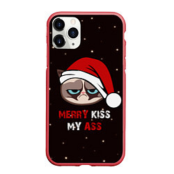 Чехол iPhone 11 Pro матовый Новогодний кот мем - грубиян, цвет: 3D-красный