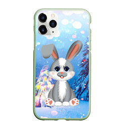 Чехол iPhone 11 Pro матовый Серый зайка на фоне елки, цвет: 3D-салатовый