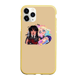 Чехол iPhone 11 Pro матовый Kill them, but with kindness! - Уэнздей и Энид, цвет: 3D-желтый