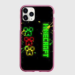 Чехол iPhone 11 Pro матовый Minecraft - неоновые логотипы, цвет: 3D-малиновый