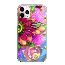 Чехол iPhone 11 Pro матовый Розовый цветок стеклянный орнамент, цвет: 3D-салатовый