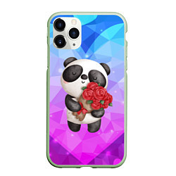 Чехол iPhone 11 Pro матовый Панда с букетом цветов, цвет: 3D-салатовый