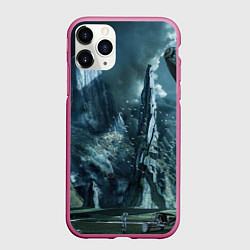 Чехол iPhone 11 Pro матовый Сай-фай тёмные горы и корабль, цвет: 3D-малиновый