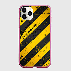 Чехол iPhone 11 Pro матовый WARNING - желто-черные полосы, цвет: 3D-малиновый