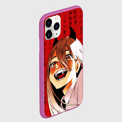 Чехол iPhone 11 Pro матовый Человек - бензопила Пауэр и иероглифы, цвет: 3D-фиолетовый — фото 2