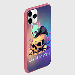 Чехол iPhone 11 Pro матовый Черный котенок на черепе мрачный неоновый фон, цвет: 3D-малиновый — фото 2