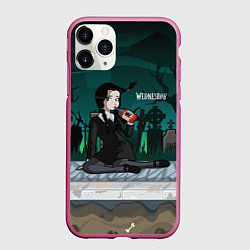 Чехол iPhone 11 Pro матовый Уэнсдэй на кладбище пьет яд, цвет: 3D-малиновый