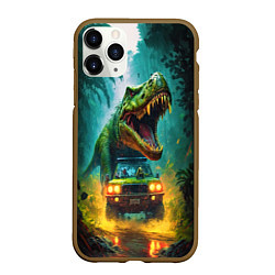 Чехол iPhone 11 Pro матовый Тираннозавр преследует джип под дождем, цвет: 3D-коричневый