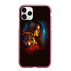 Чехол iPhone 11 Pro матовый Волк и девушка, цвет: 3D-малиновый