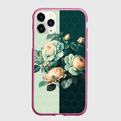 Чехол iPhone 11 Pro матовый Розы на зеленом фоне, цвет: 3D-малиновый