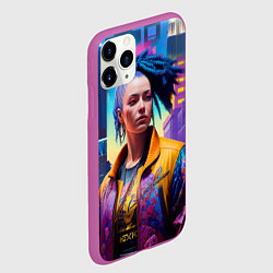Чехол iPhone 11 Pro матовый Девушка в ночном городе - киберпанк - нейросеть, цвет: 3D-фиолетовый — фото 2