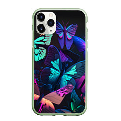 Чехол iPhone 11 Pro матовый Много неоновых бабочек, цвет: 3D-салатовый