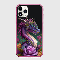 Чехол iPhone 11 Pro матовый Неоновый дракон с цветами, цвет: 3D-малиновый