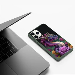 Чехол iPhone 11 Pro матовый Неоновый дракон с цветами, цвет: 3D-темно-зеленый — фото 2