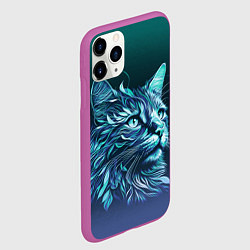 Чехол iPhone 11 Pro матовый Неоновый кот: фиолетовые и бирюзовые линии, цвет: 3D-фиолетовый — фото 2