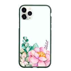 Чехол iPhone 11 Pro матовый Цветы нарисованные акварелью - снизу, цвет: 3D-темно-зеленый