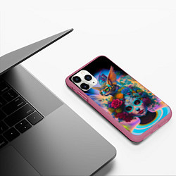 Чехол iPhone 11 Pro матовый Девушка с кошкой - нейросеть - искусство, цвет: 3D-малиновый — фото 2