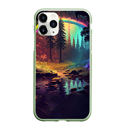 Чехол iPhone 11 Pro матовый Неоновый лес с радугой, цвет: 3D-салатовый