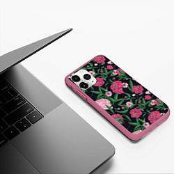 Чехол iPhone 11 Pro матовый Заросли розовых пионов, цвет: 3D-малиновый — фото 2