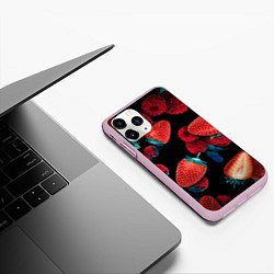Чехол iPhone 11 Pro матовый Клубника на черном фоне, цвет: 3D-розовый — фото 2