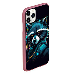 Чехол iPhone 11 Pro матовый Енот - cyberpunk style, цвет: 3D-малиновый — фото 2