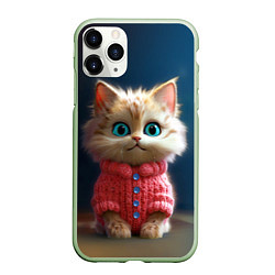 Чехол iPhone 11 Pro матовый Котик в розовом свитере, цвет: 3D-салатовый