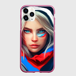 Чехол iPhone 11 Pro матовый Девушка с голубыми глазами в флаге, цвет: 3D-малиновый