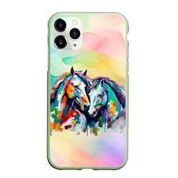 Чехол iPhone 11 Pro матовый Две разноцветные лошади, цвет: 3D-салатовый