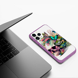 Чехол iPhone 11 Pro матовый Красивый череп с листьями и бабочками, цвет: 3D-фиолетовый — фото 2