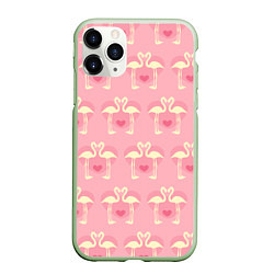 Чехол iPhone 11 Pro матовый Любовный паттерн с фламинго, цвет: 3D-салатовый
