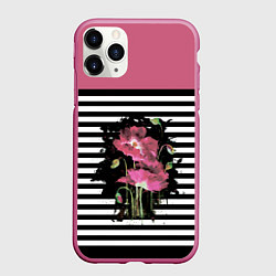 Чехол iPhone 11 Pro матовый Розовые акварельные маки на полосатом фоне, цвет: 3D-малиновый
