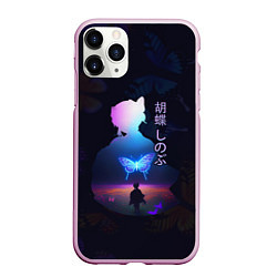Чехол iPhone 11 Pro матовый Силуэт Шинобу Кочо на поле и светящаяся бабочка, цвет: 3D-розовый