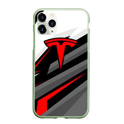 Чехол iPhone 11 Pro матовый Tesla - красная линия, цвет: 3D-салатовый