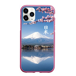 Чехол iPhone 11 Pro матовый Цветущая сакура на фоне Фудзиямы - Япония, цвет: 3D-малиновый