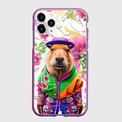 Чехол iPhone 11 Pro матовый Капибара в модной куртке - нейросеть, цвет: 3D-фиолетовый
