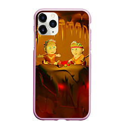 Чехол iPhone 11 Pro матовый Два индейца у костра в пещере, цвет: 3D-розовый