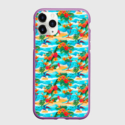 Чехол iPhone 11 Pro матовый Гавайский стиль море и цветы, цвет: 3D-фиолетовый