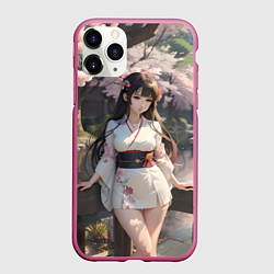 Чехол iPhone 11 Pro матовый Гейша в коротком кимоно на фоне сакуры, цвет: 3D-малиновый