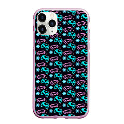 Чехол iPhone 11 Pro матовый Паттерн джойстики, цветы и сердечки, цвет: 3D-розовый