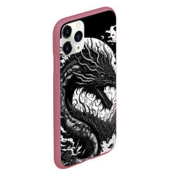 Чехол iPhone 11 Pro матовый Черно-белый дракон и волны, цвет: 3D-малиновый — фото 2